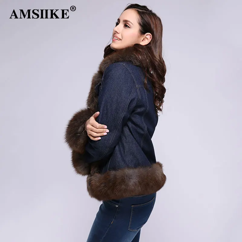 AMSIIEK Шикарная Джинсовая Куртка С Мехом Лисы Воротник Отстегивается 2018-1 | Женская