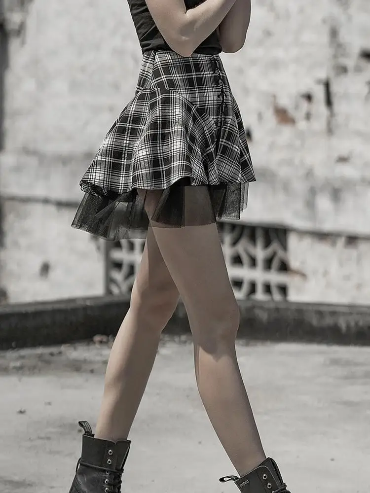 Женская клетчатая плиссированная юбка в стиле панк с сетчатыми оборками PQ 602BQ