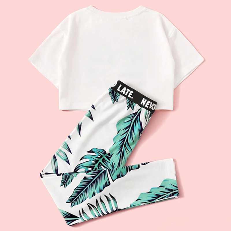 SHEIN/Детская футболка с принтом в виде букв и растений для девочек, с леггинсами комплекты из двух предметов в стиле бохо г. Летняя облегающая детская одежда с короткими рукавами