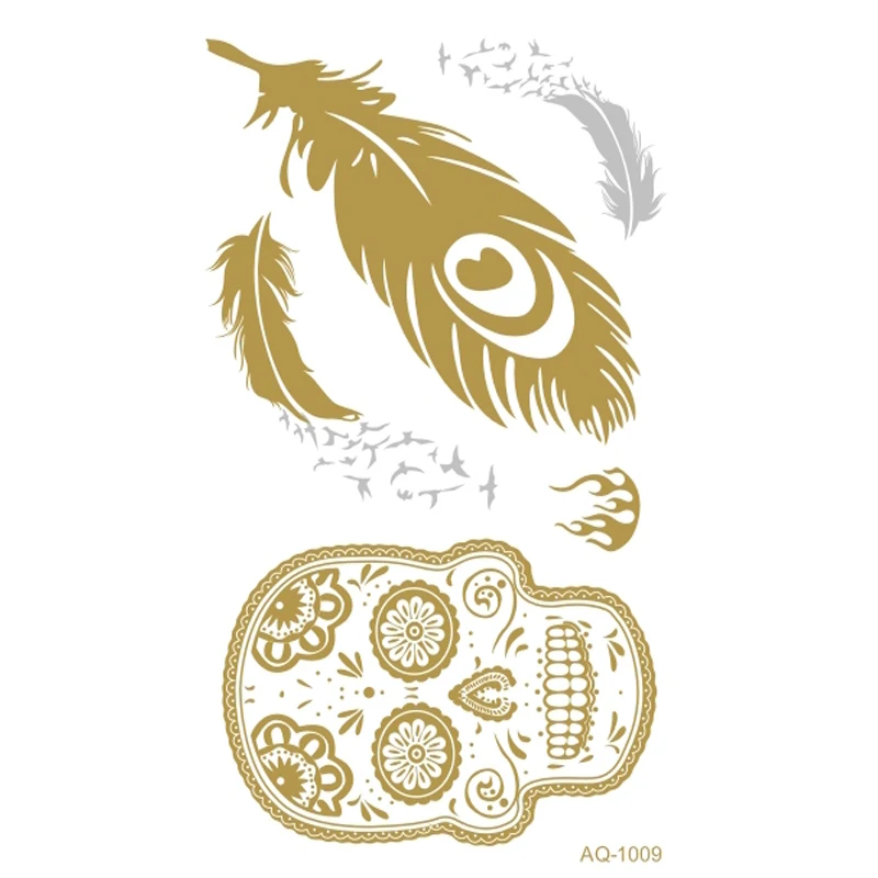 

Metallic Gold Silver Body Art Temporary Tattoo Flash Tatoo Skull Feather Henna Tatouage Body Art Tattoo Stickers for Women