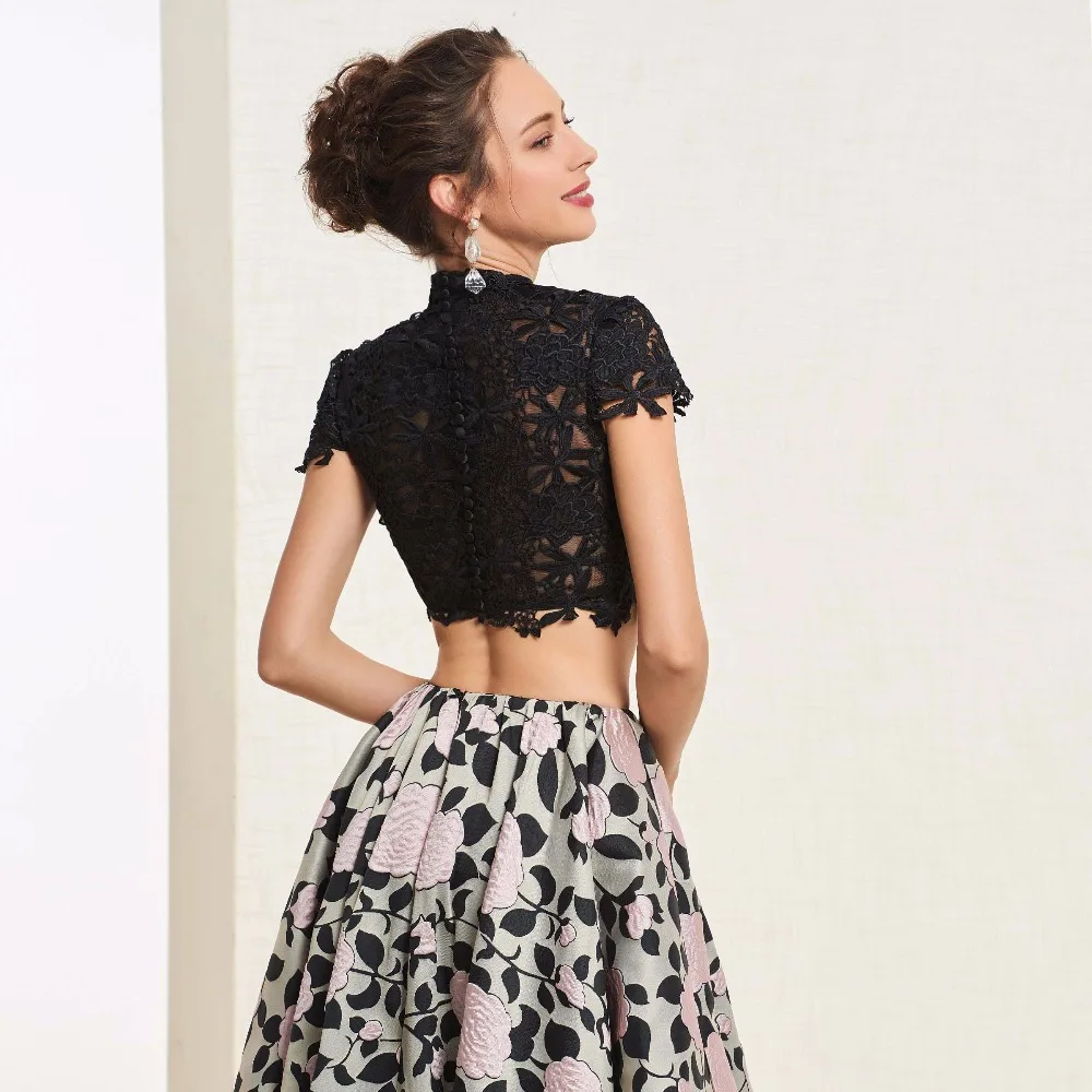 Tanpell print flowers prom dresses high neck short sleeves floor length women lace button formal custom a line gown | Свадьбы и