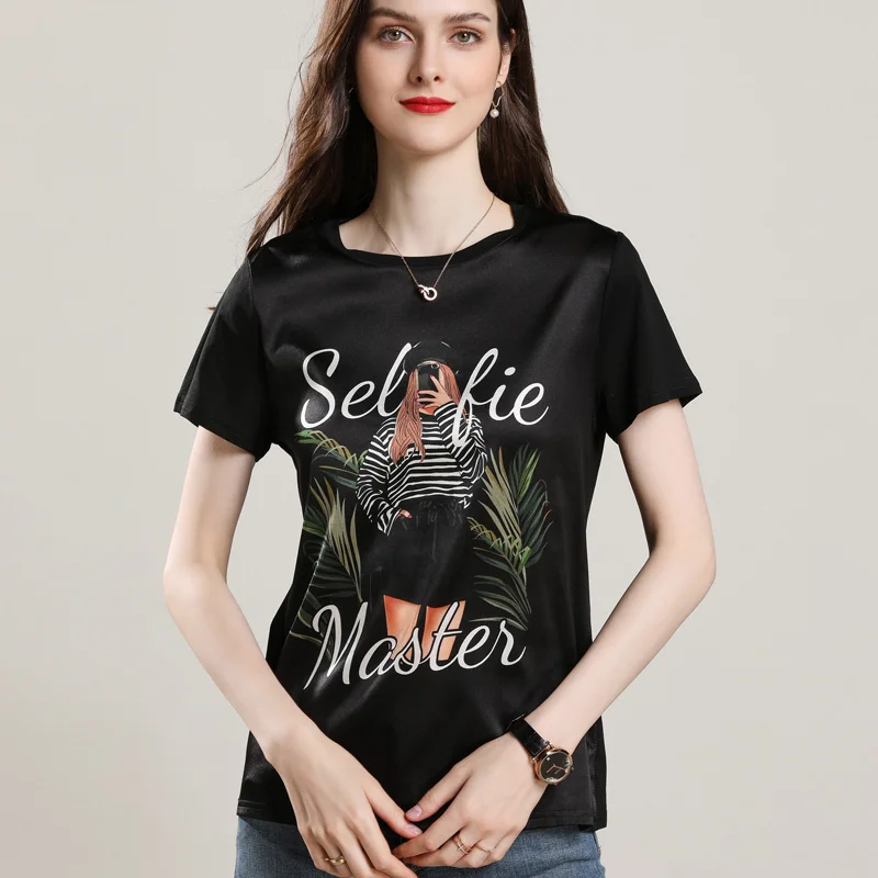 Luxury Women's Girl Plant Pattern Real Silk T-shirt Double Georgette Short Sleeve Thin Tshirt High-end Fabric Summer Tees |