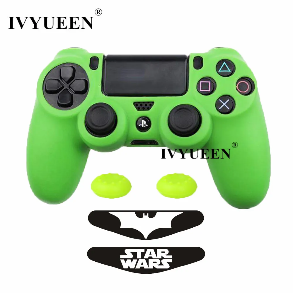 Зеленый IVYUEEN 5 в 1 для Dualshock 4 PS4 Pro тонкий контроллер силиконовый гелевый Чехол для кожи+ палки с захватом для большого пальца+ 2 светодиодный стикер - Цвет: Зеленый