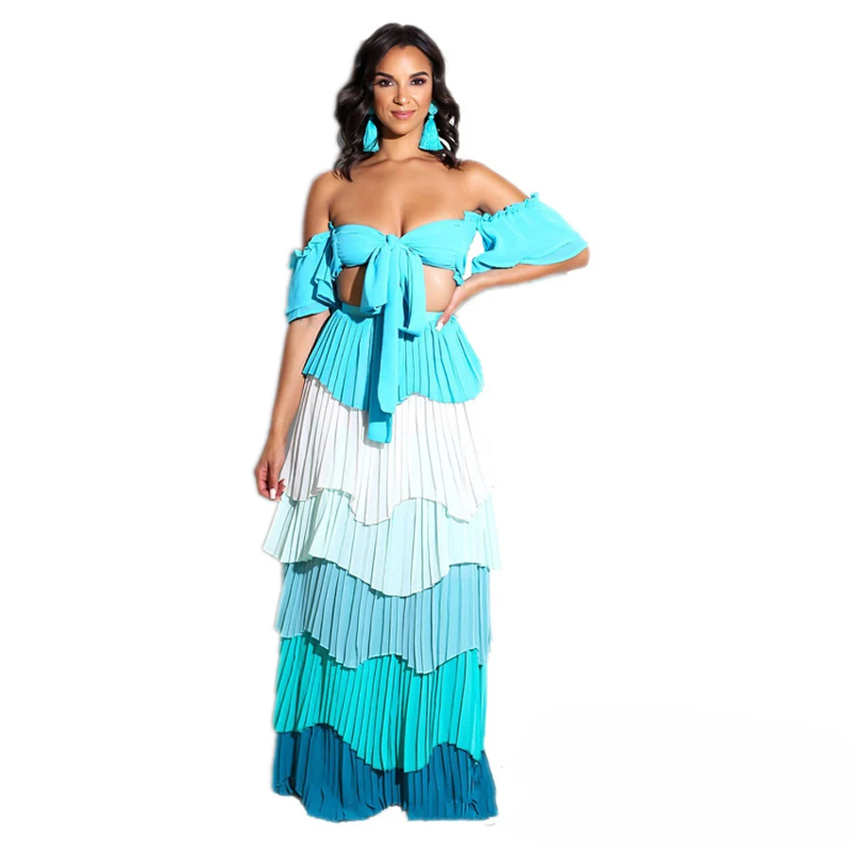Blue Karlofea/летнее модное повседневное шифоновое платье в стиле бохо; Милые цветные пляжные вечерние платья в стиле пэчворк; комплект из двух предметов; платье без бретелек с открытыми плечами - Цвет: Blue