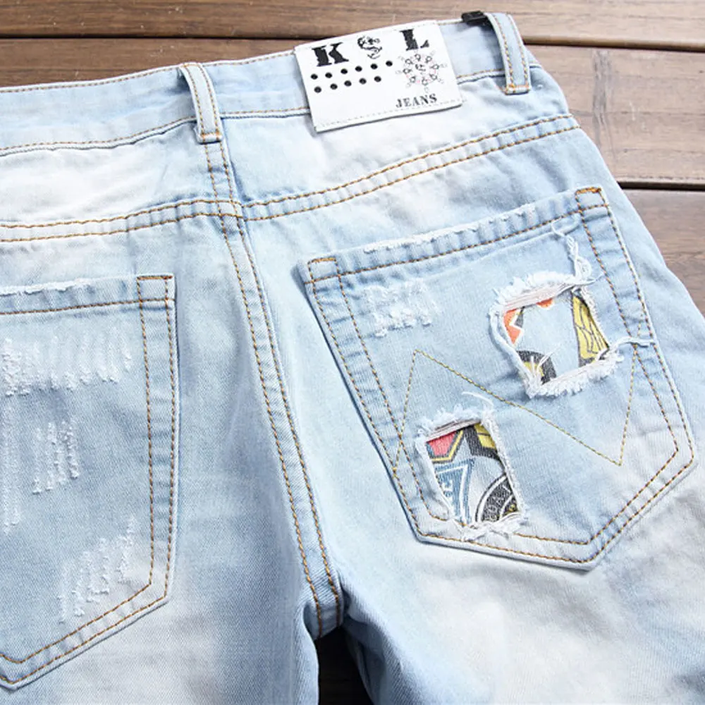 Men Jeans Stretch Destroyed Ripped Design Fashion Badge Patchwork Skinny Jeans For Man Slim Fit Biker Holes Cotton Denim Pants