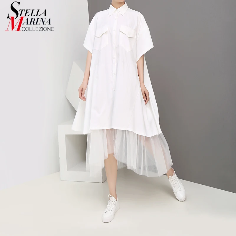 2019 корейское женское летнее однотонное белое длинное платье рубашка и карман с