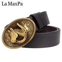 fashion men belt horse buckle belt golden horse head pattern horseshoe cow skin leather belt cowboy accessories
