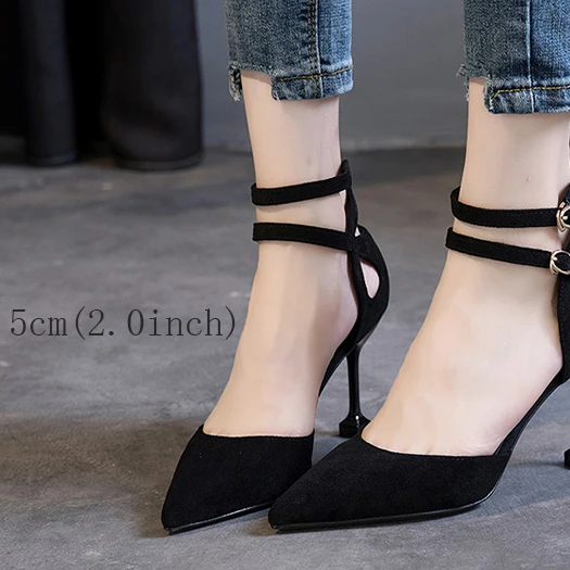 Black 5cm Замшевые туфли-лодочки на высоком каблуке 3 дюйма, размер 33, знаменитый котенок, г., темно-синие туфли-лодочки на высоком каблуке женские босоножки с завязками обувь с острым носком и ремешком - Цвет: Black 5cm
