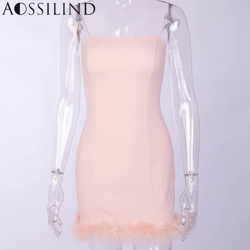 

AOSSILIND Spaghetti Strap Feather Patchwork Sexy Women Dress 2019 Spring Summer Elegant Backless Bodycon Mini Party Club Dresses