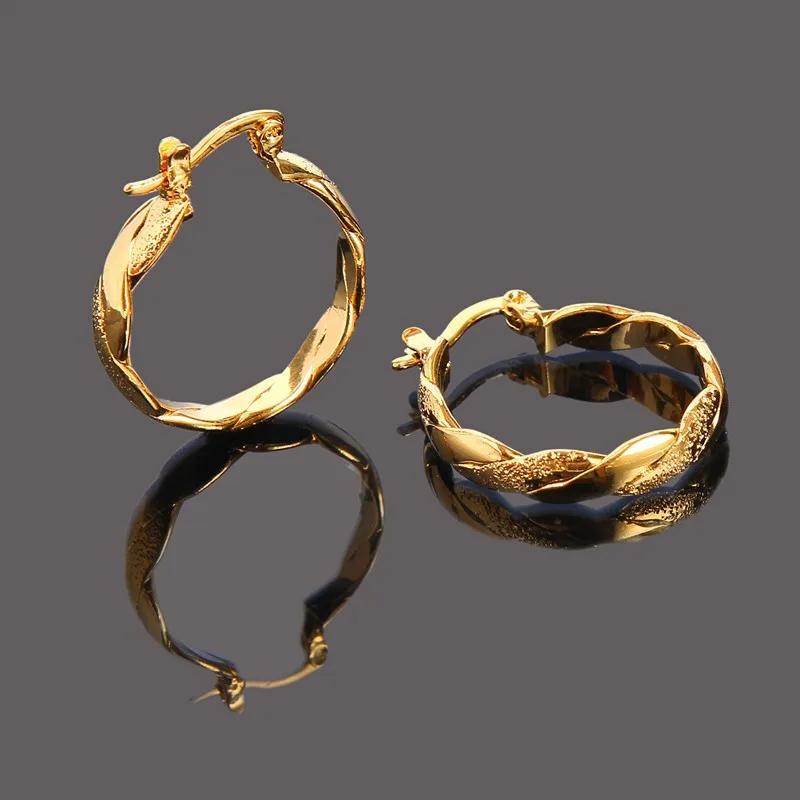 

22K 23K 24K Thai Baht YELLOW SOLID GOLD FINISH EARRINGS Hoop E India Jewelry Brincos Top Quality Wave