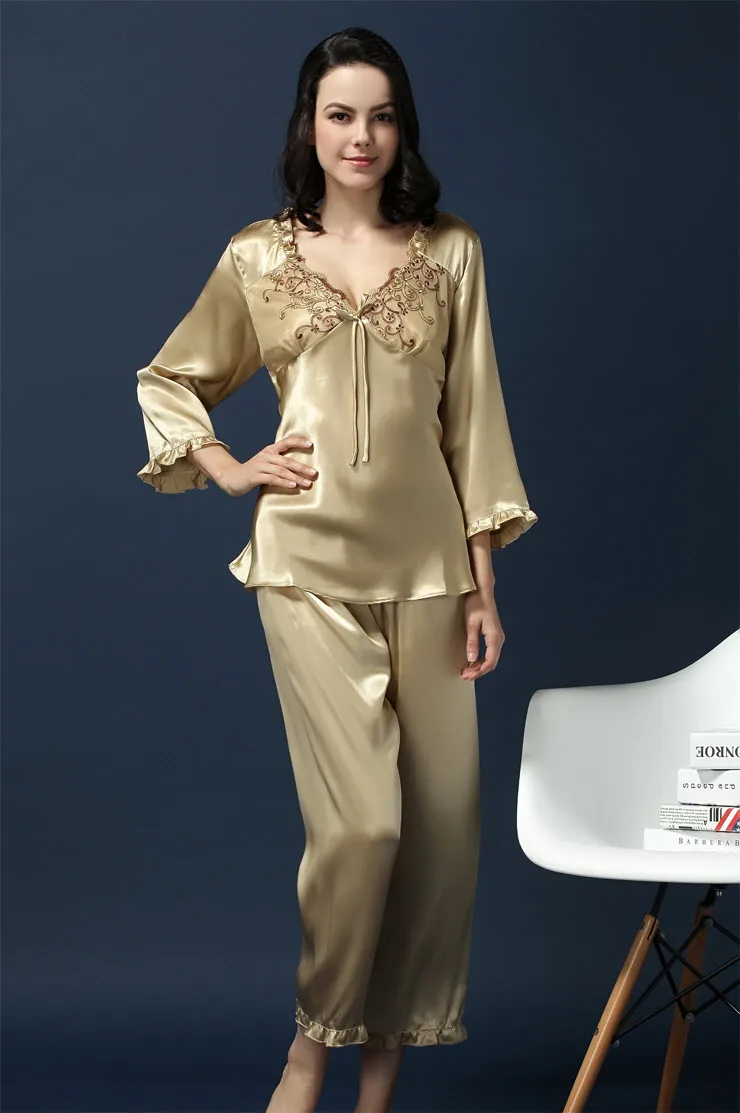 Женский пижамный комплект из двух предметов 100% шелк тутового цвета пижама