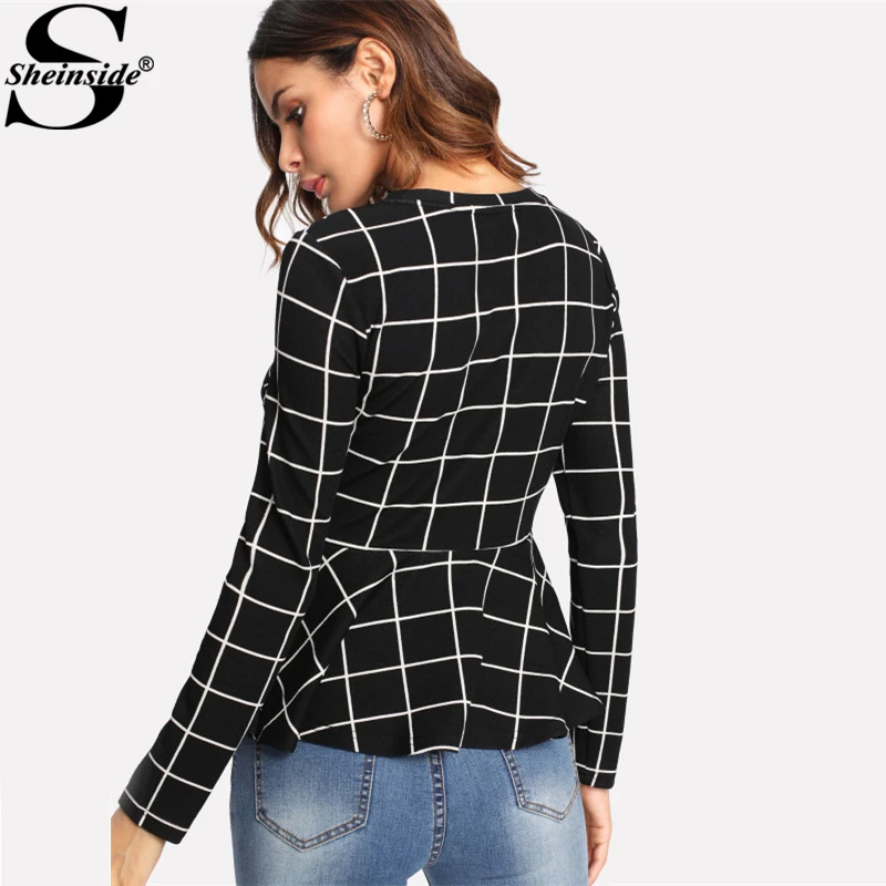 Sheinside, черная клетчатая блузка с баской и рюшами, круглый вырез, длинный рукав, Осенний Топ, женская элегантная офисная блуза