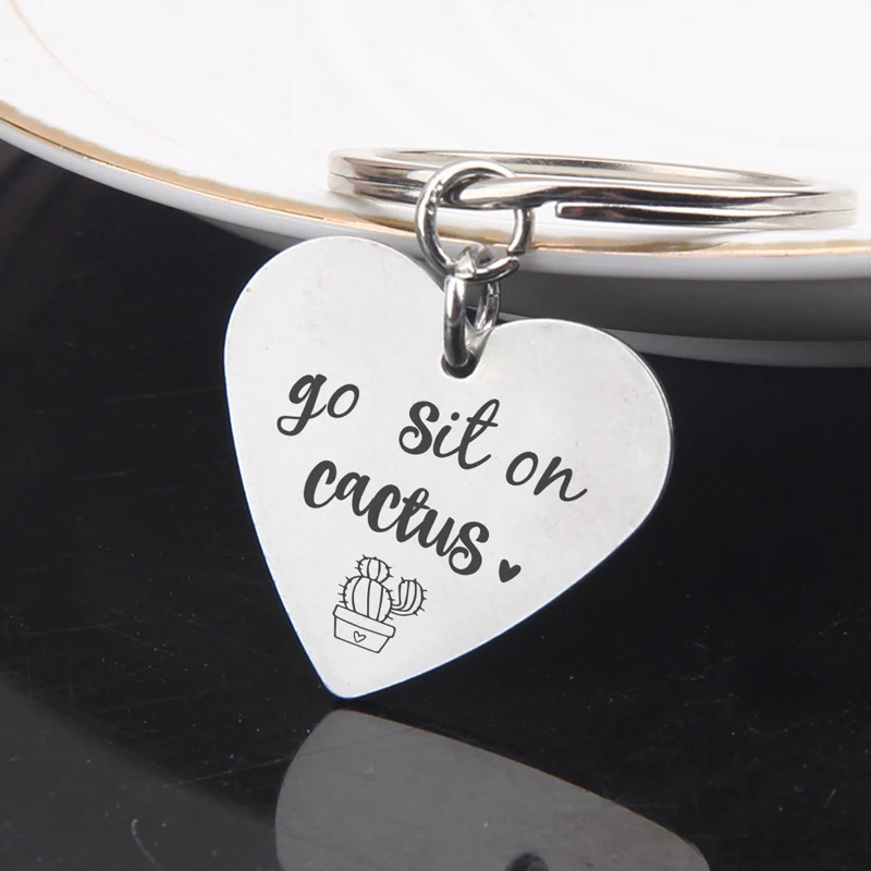 Сердце из нержавеющей стали брелок Go Sit на кактус ручной штампованный Горячая