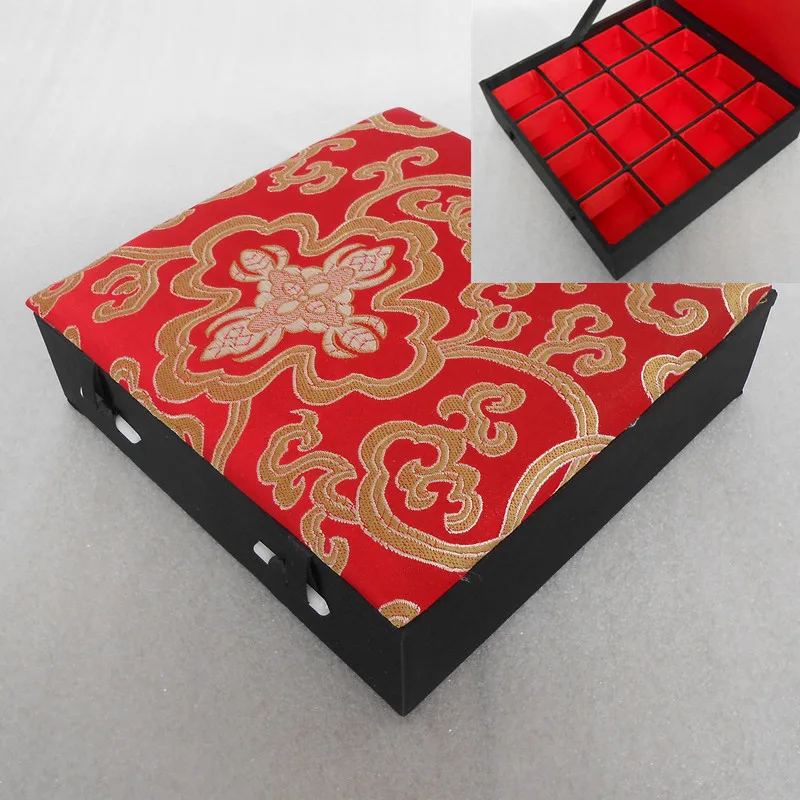 Decoration 16 Grid Slots Wood Ring Box Silk Brocade Jewelry Storage Case Earring Pendant Organizer Box Wedding Birthday Gift