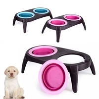 collapsible pet dog double bowls with non skid silicone mat foldable pet feeder dish for puppy dogs cat