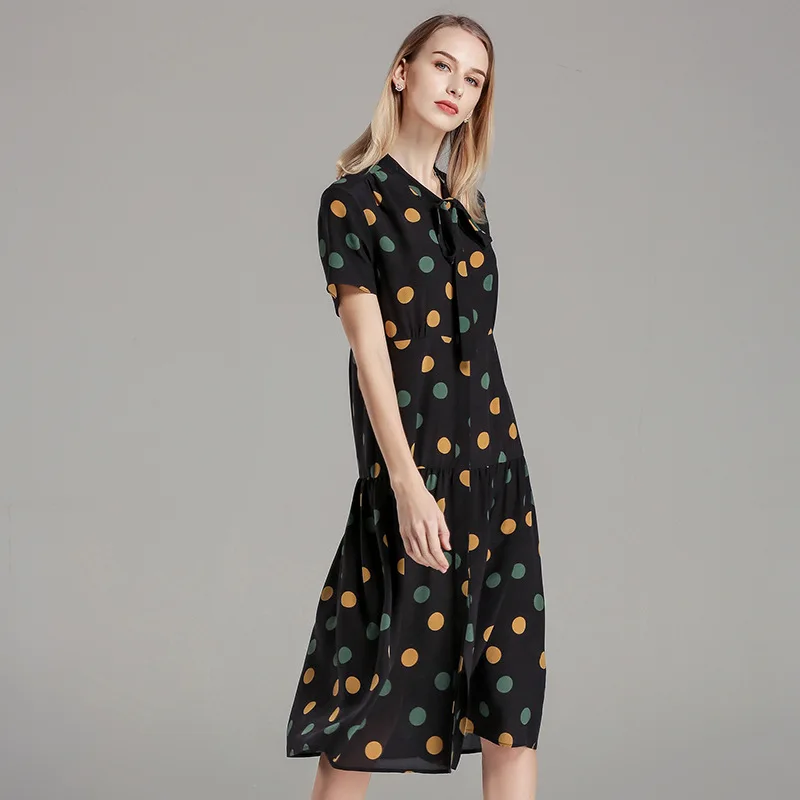 Женское летнее платье 2019 в горошек 100% шелковое Винтаж вечерние Пляжные наряды