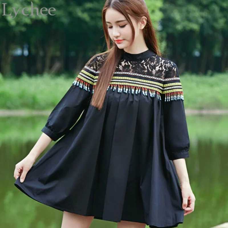 Женское богемное мини платье Lychee милое этническое с вышивкой и кисточками