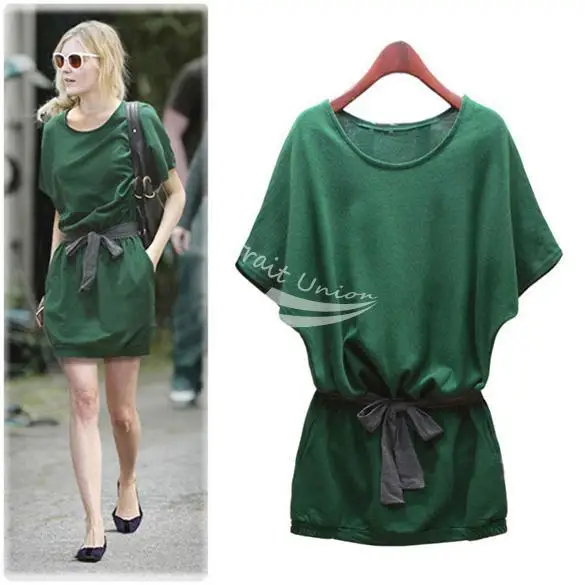 New Women's Lady Fashion Batwing Dolman Short Sleeve Casual Cotton Mini Dress Green | Женская одежда