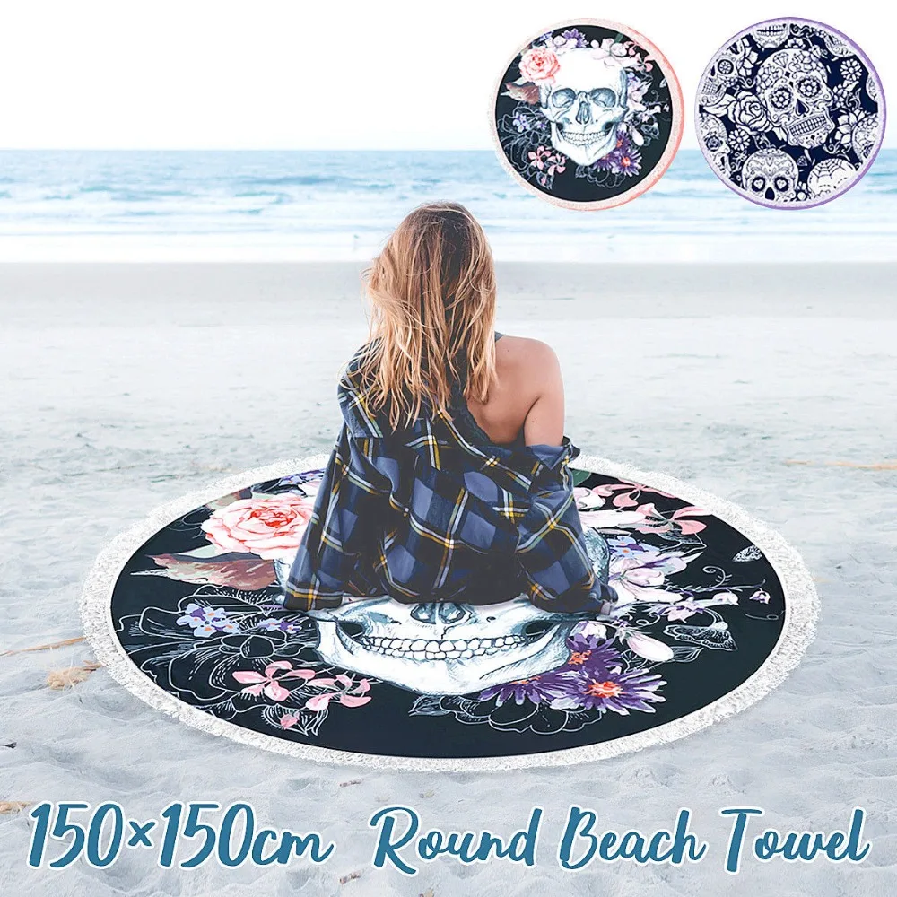 

Women Large Bath Towel for Beach Thick Round 3d Sugar Skull Printed Beach Towel Fabric Quick Compressed Towel Tapestry Yoga Mat