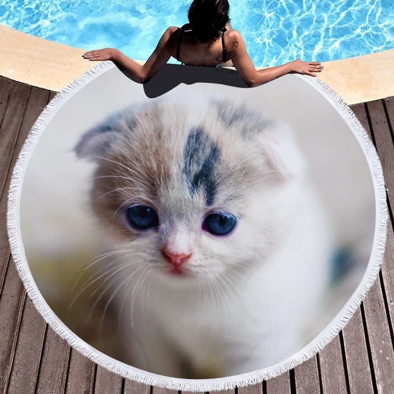

3D Cat Printed Round Beach Towel Microfiber Absorbent Bath Towels for Adults With Tassels Yoga Mat Tapestry Blankets Home Decor