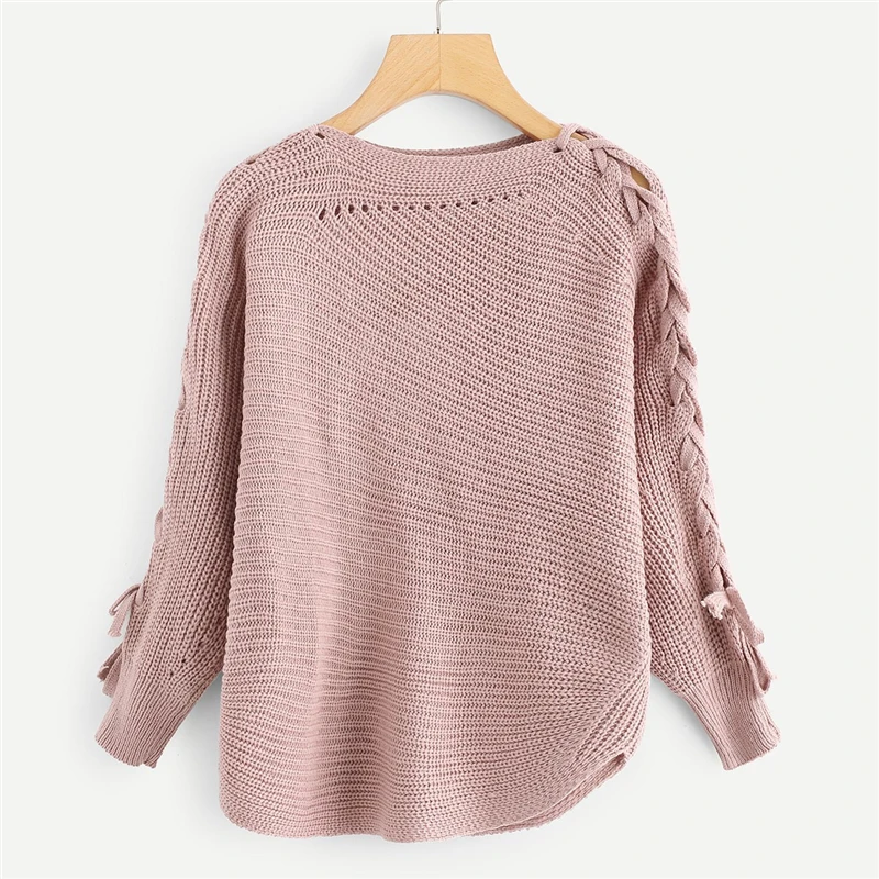 Dotfashion, розовый, на шнуровке, однотонный, женский свитер, осень, одежда для женщин, повседневная, весна, простая одежда, длинный рукав, пуловер, джемпер