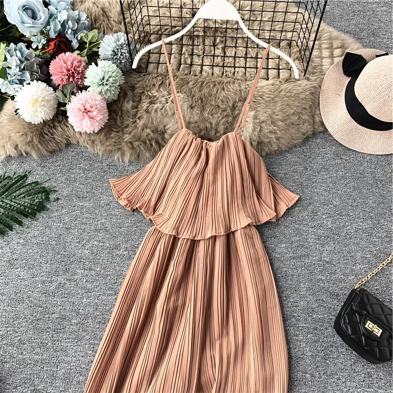 Корейские летние 2019 новые шифоновые плиссированные комбинезоны с рюшами женские