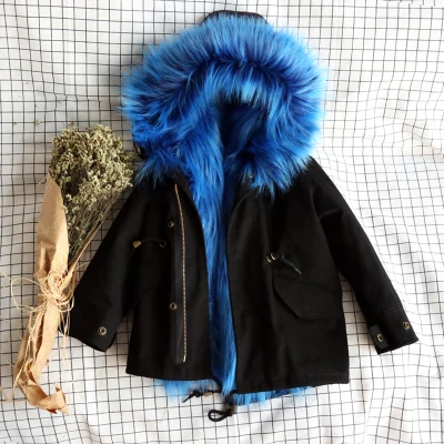 black-blue Осенне-зимний детский Тренч модная теплая верхняя одежда с подкладкой из искусственного меха и пальто для маленьких мальчиков и девочек, От 1 до 10 лет одежда с капюшоном для девочек - Цвет: black-blue