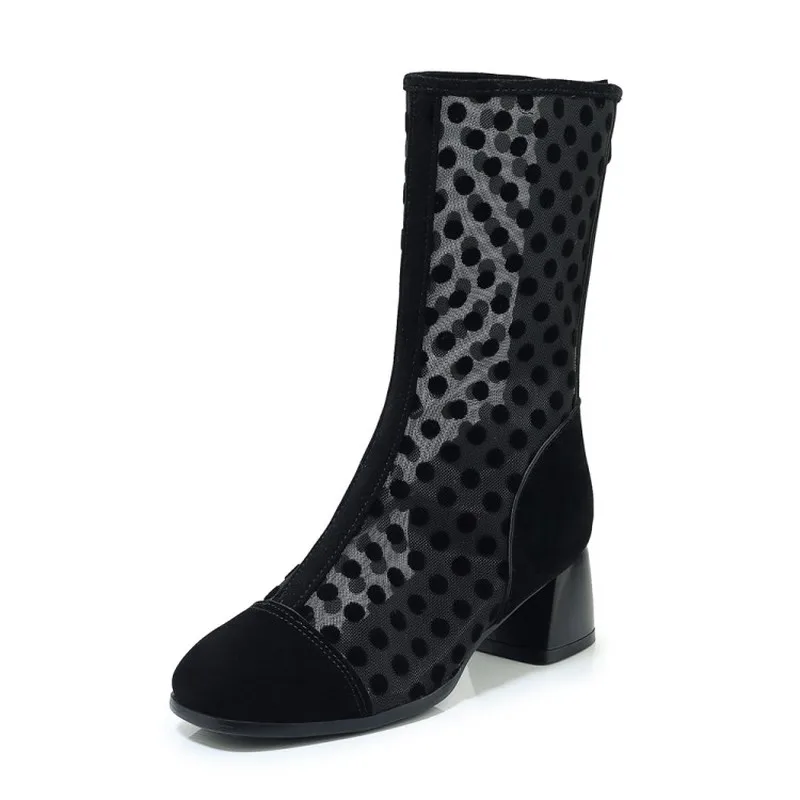 Женские сапоги в горошек с квадратным носком на молнии толстом каблуке средний