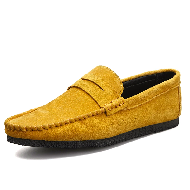 New Split Leather Loafers Sneakers Man Anti-Slip Drive Shoes for Men Slip on Flat Red Blue Yellow Men's Boat Shoe Footwear | Обувь