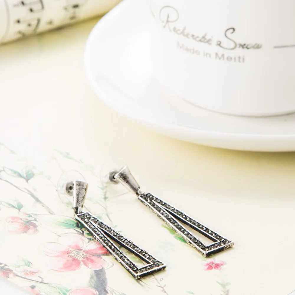 Fashion Anti-silver Plated Drop Earrings For Women Classic Wedding Jewelry Grey Crystal Inlaid Triangle Statement Aretes Mujer | Украшения