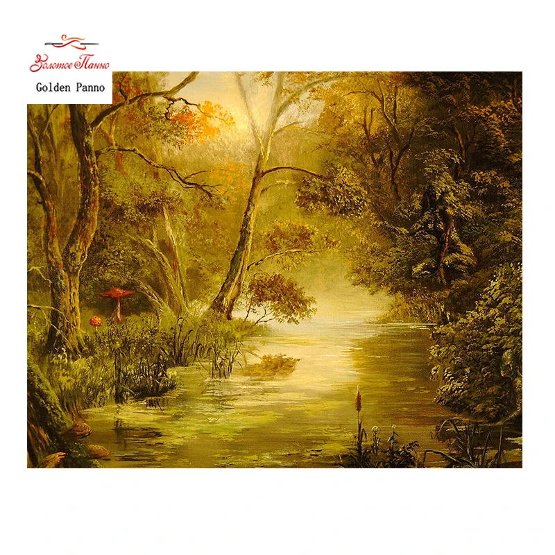 

Golden Panno,Needlework,DIY DMC Cross stitch,Sets For Embroidery kit 14ct unprinted forest lake cross-Stitching,christmas 0125