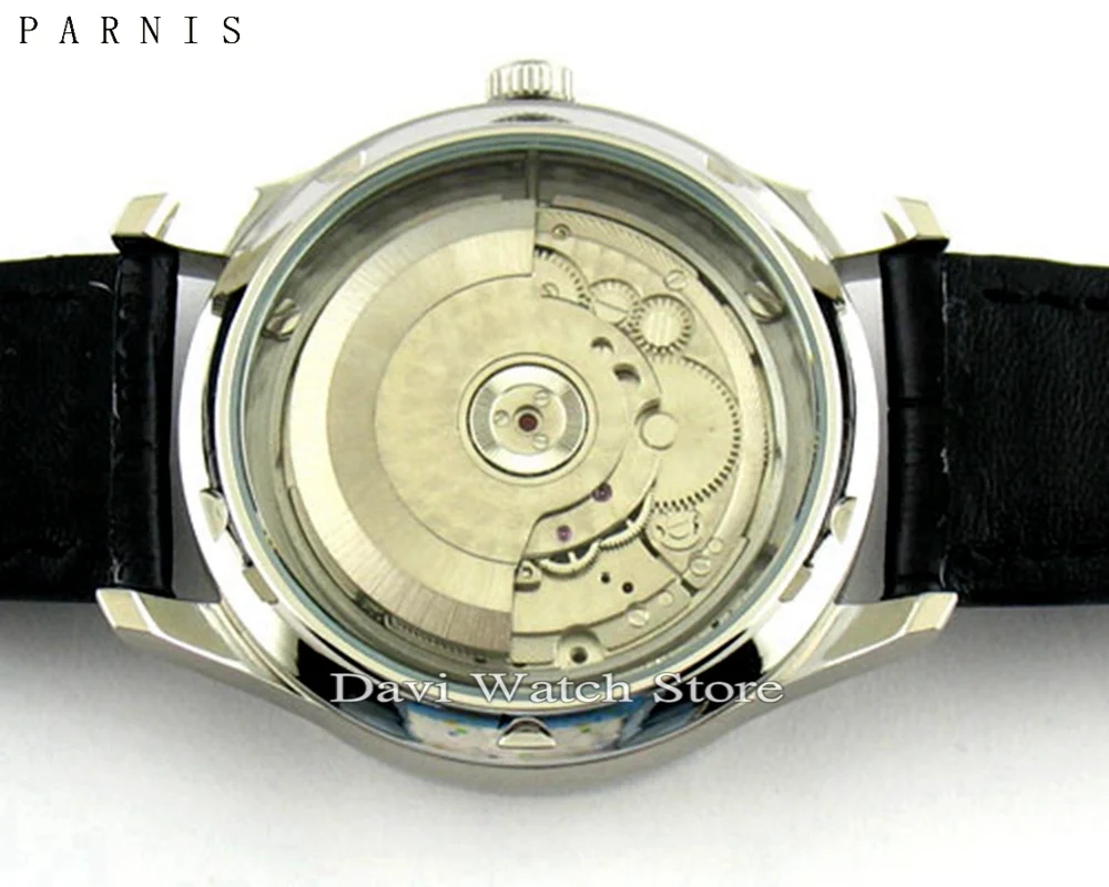 Parnis 43 мм часы из нержавеющей стали корпус Чайка Автоматическая Дата кожаный
