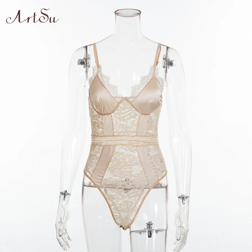 

ArtSu Satin Patchwork Hollow Out Lace Bodysuit Women Sexy Jumpsuit Female Skinny Bodysuits Teddies Beach Wear ASJU60130