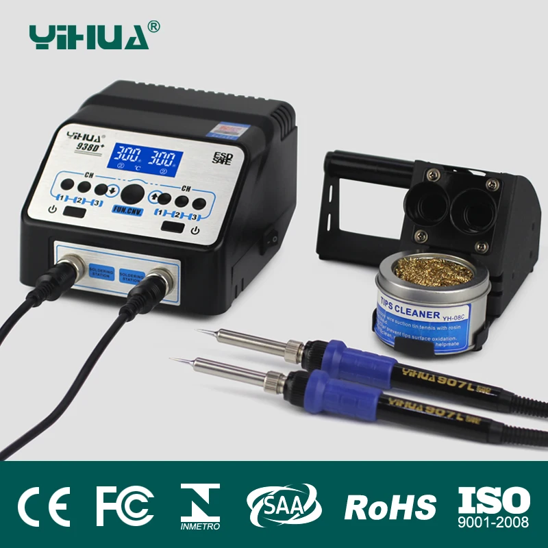 110 В/220 В EU/US штекер YIHUA 938D + SMD двойной паяльник паяльная станция светодиодный