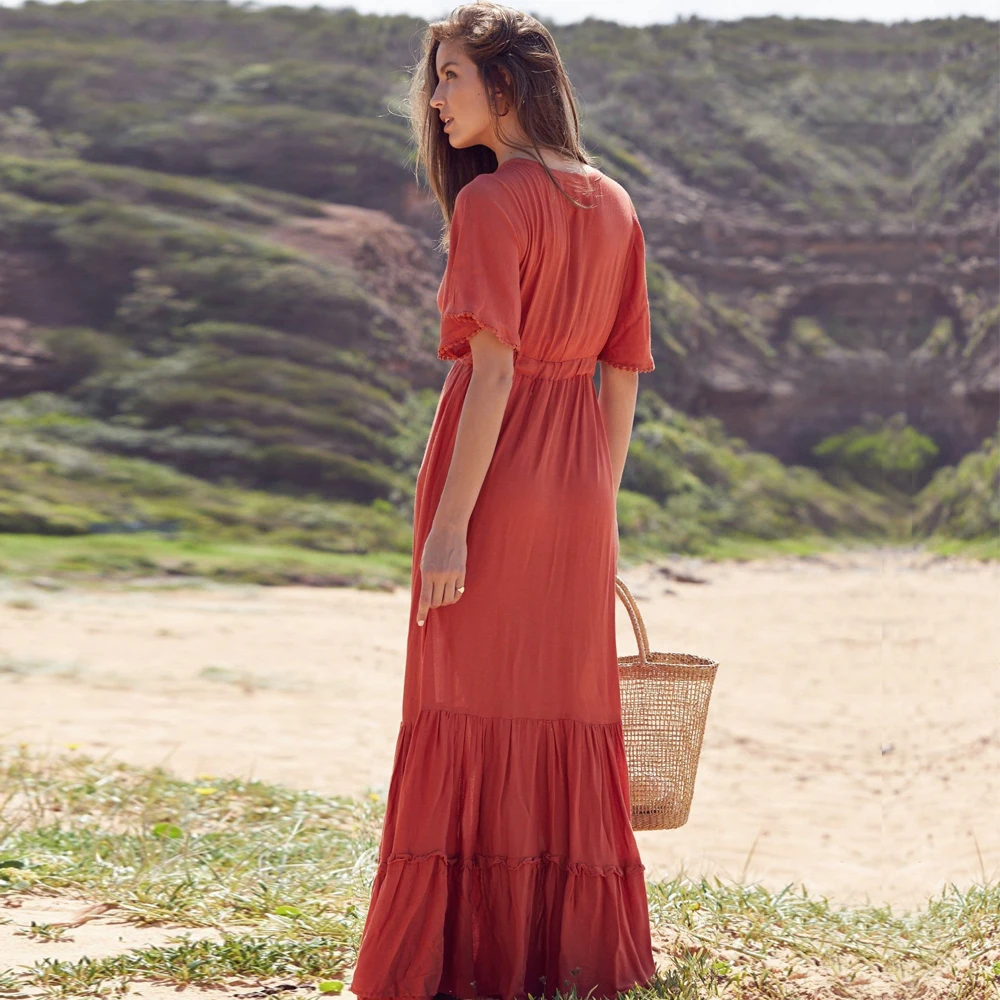 

KIYUMI Dress Women Cotton Maix Dress V-Neck Short Sleeve Splice Lace Up 2019 Casual Loose Elegant Red Beach Women Summer Dresses