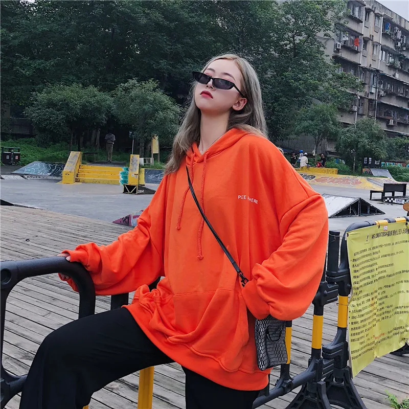 Женские толстовки с капюшоном, одноцветные, свободные, большие размеры, с буквенным принтом, с карманами, Женская толстовка с капюшоном, Harajuku, Корейская, шикарная, для отдыха, простая, универсальная, трендовая