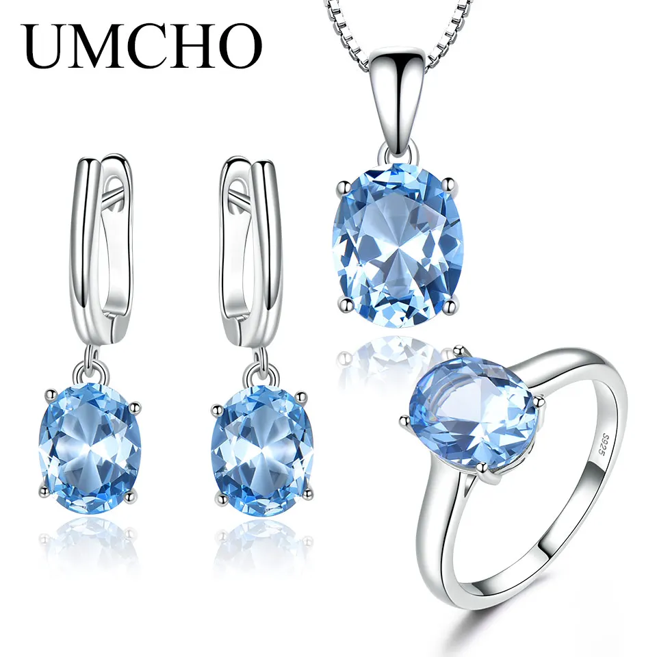 blue topaz UMCHO Небесно-Голубой топаз драгоценный камень наборы свадебных ювелирных изделий для женщин 925 пробы серебряные обручальные кольца ожерелье кулон Клипсы Серьги - Цвет камня: blue topaz