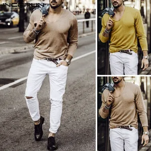 Мужской тонкий свитер INCERUN, Однотонный свитер с длинными рукавами и v-образным вырезом на осень, повседневный свободный свитер в уличном стиле, 2019