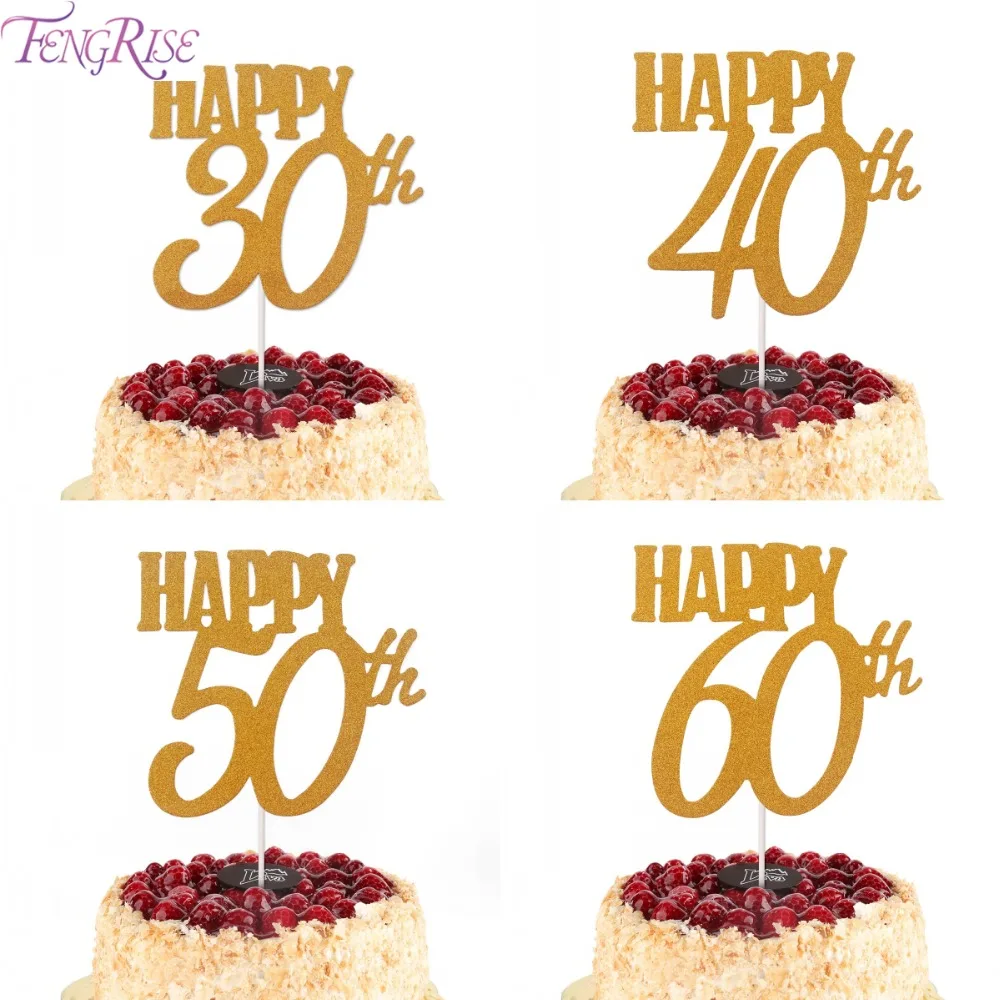FENGRISE 1 шт. цвета: золотистый, с днем рождения, 30 Вт, 40/50/60th торт Топпер блеск 30th 40th 50th 60th Юбилей поставки вечерние украшения