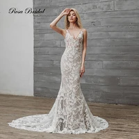 rosabridal 2019 mermaid wedding dress the little mermaid sexy deep v neck and backless lace appliques ivory lace over nude tulle