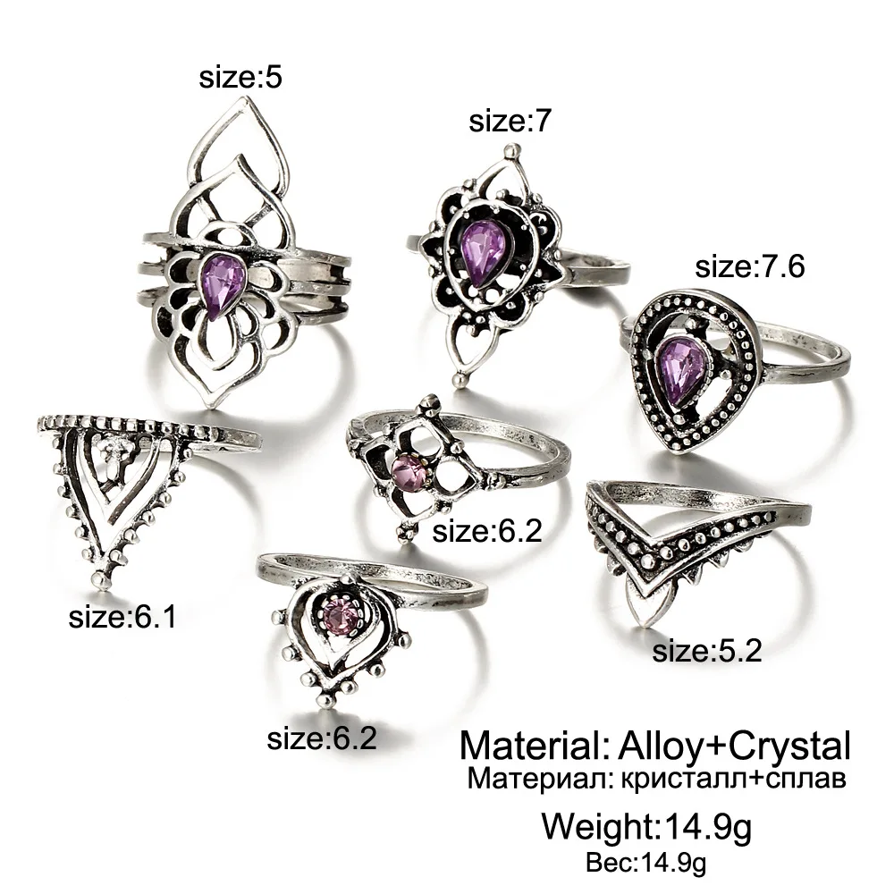 7 шт./компл. набор колец средней длины серебряного цвета для женщин в богемном