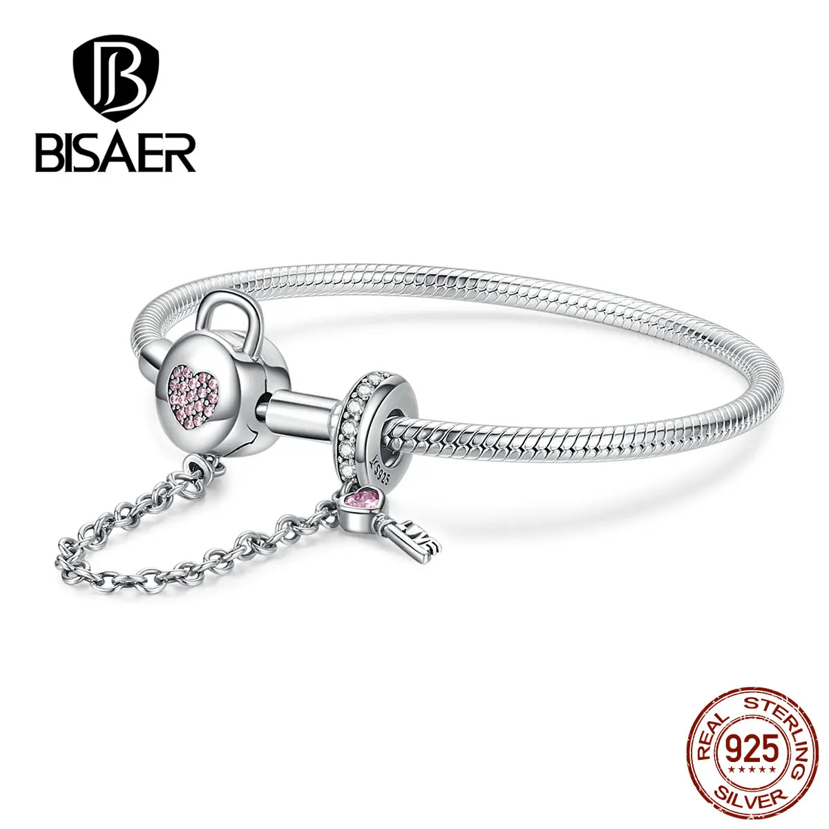 

BISAER 925 Sterling Silver Heart Shape Lock Clasp Safety Chain Femme Silver Bracelets For Women Luxury Jewelry Pulseira ECB143