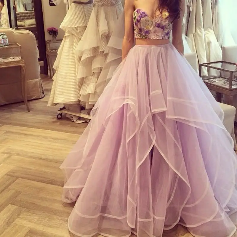 Purple Two Piece Prom Dresses 2019 Custom made Sweetheart Sequined Embroidery Bodice Tulle Wedding Party Dress robe de soiree | Свадьбы и