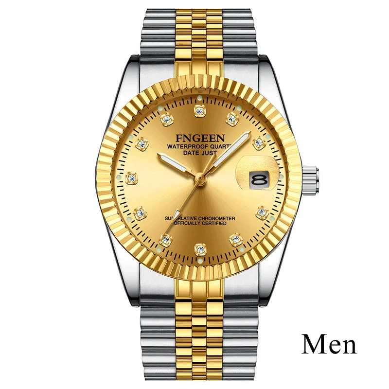 Steel Two-tone Gold Золотые часы для мужчин Топ бренд класса люкс с бриллиантами кварцевые часы для пары женские со стальным ремешком светящиеся часы Reloj Hombre Love - Цвет: Steel Two-tone Gold