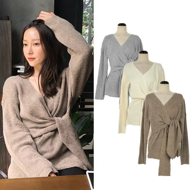 Женский свитер GETSPRING с V-образным вырезом завязками женский белый кофейный серый