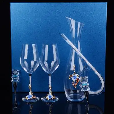 5pc-set blue Роскошный цвет эмаль бессвинцовый Кристалл Стекло Кубок Декантер для красного вина набор бытовой свадебный бизнес подарок - Цвет: 5pc-set blue