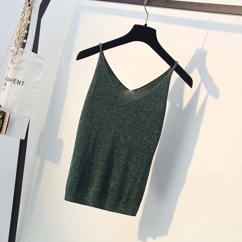 Dark green Сексуальные женские летние трикотажные топы с v-образным вырезом, модные Универсальные женские майки хорошего качества с люрексом, свободные трикотажные майки, топы - Цвет: Dark green