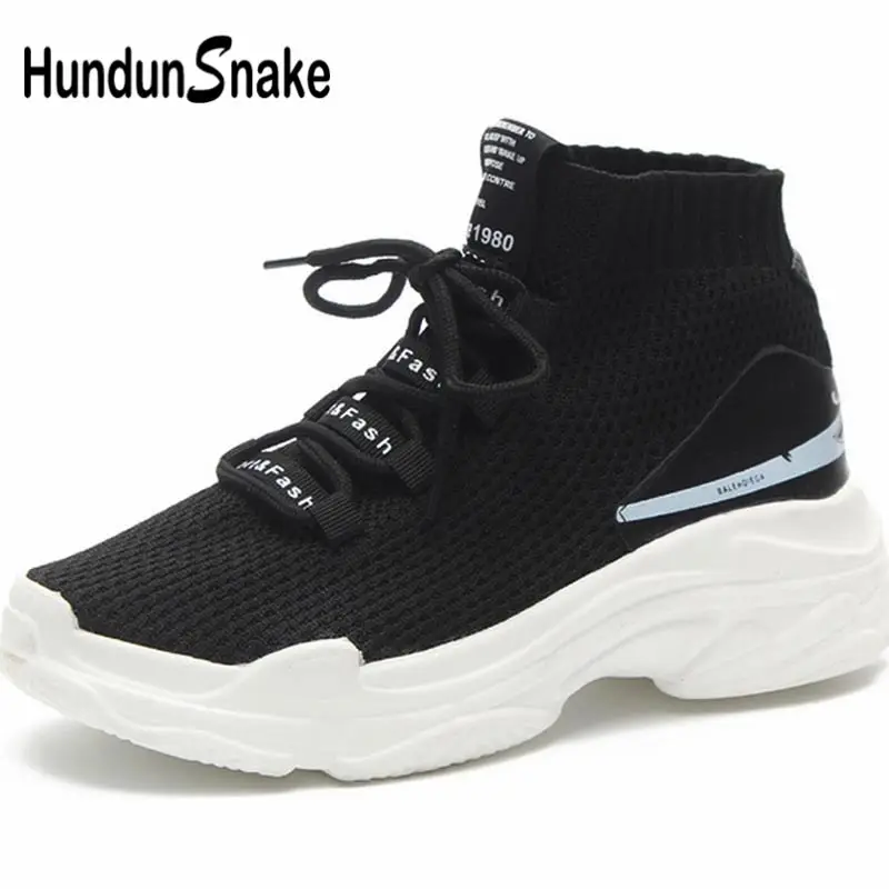 black Hundunsnake дышащие спортивные женские кроссовки, носки для женщин, обувь для бега, спортивные летние теннисные туфли на платформе, женские черные спортивные B-050 - Цвет: black