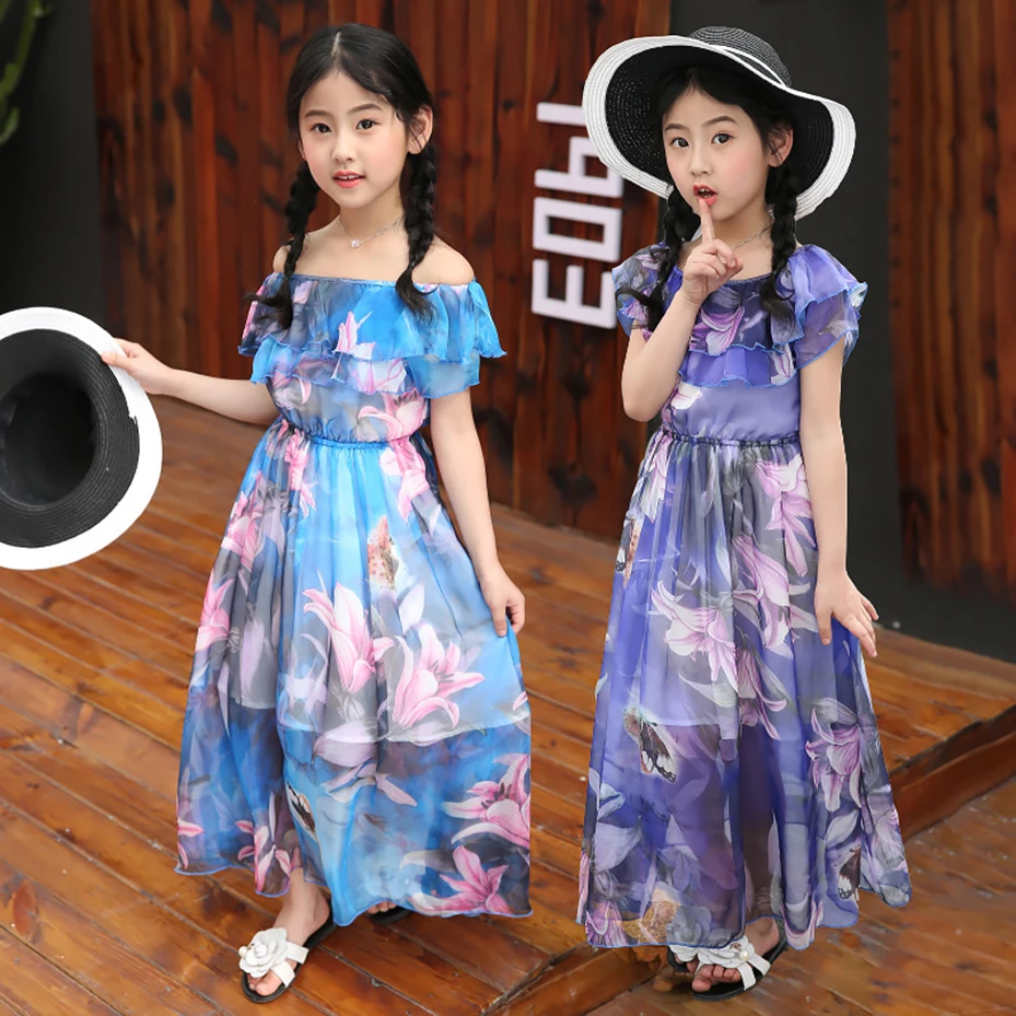 Summer Girl Dress Beach Floral Long Children's Holiday Kids Teenage Girls Clothes For 5 6 8 10 12 13 Years | Детская одежда и