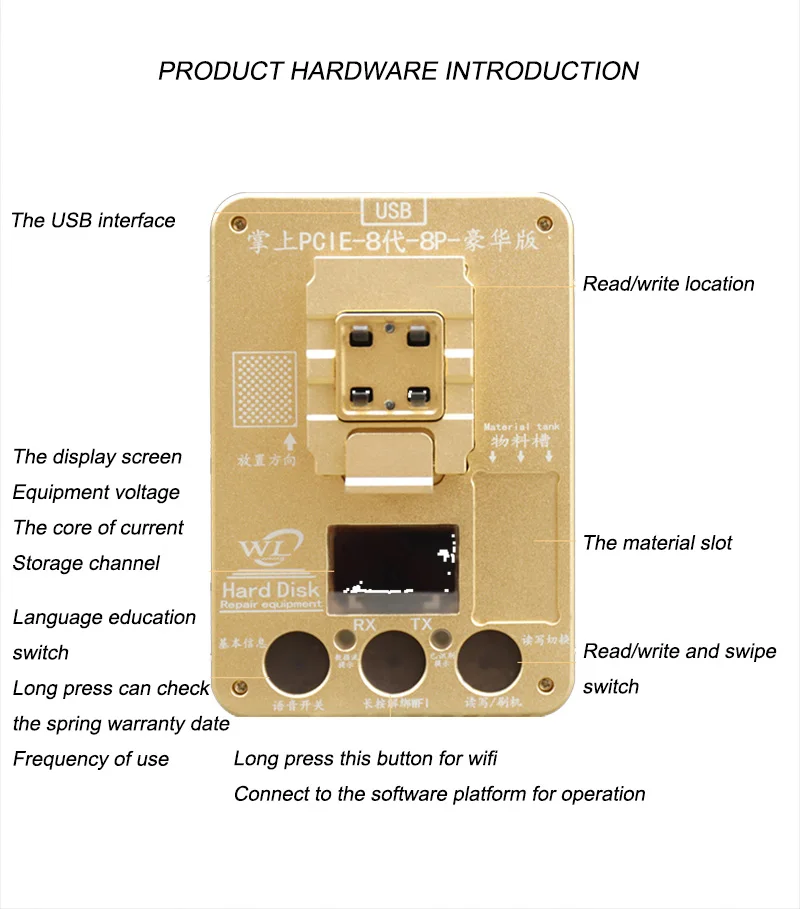 

Тестовое приспособление WL PCIE-8 NAND для iPhone 8, 8P, X, флэш-память, базовые данные, чтение, запись, программатор SN, модель, изменение цвета в стране